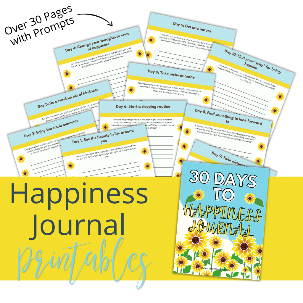 Happiness journal printables mockup with sunflowers