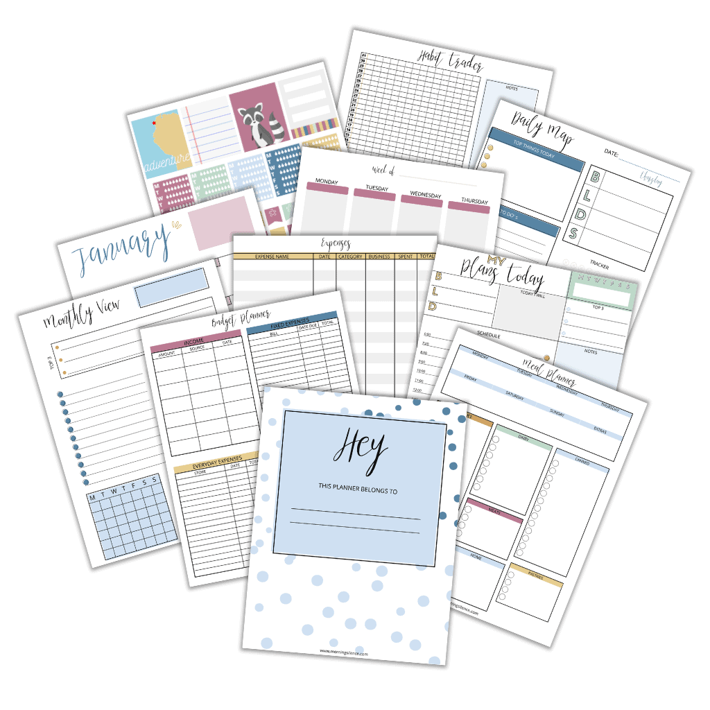 mockup of 11 free planner inserts, weekly, monthly, daily layouts and more to get started customizing your own home management binder